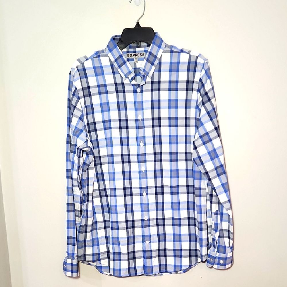 Express Men's Blue Plaid Shirt Large 15-15.5 Fitted
